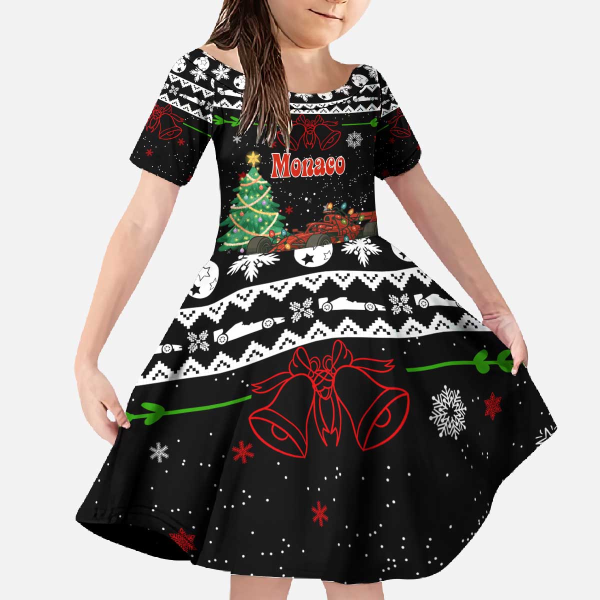 Monaco Christmas Family Matching Off The Shoulder Long Sleeve Dress and Hawaiian Shirt with Race Car Christmas Tree and Snowflake Holiday - Wonder Print Shop