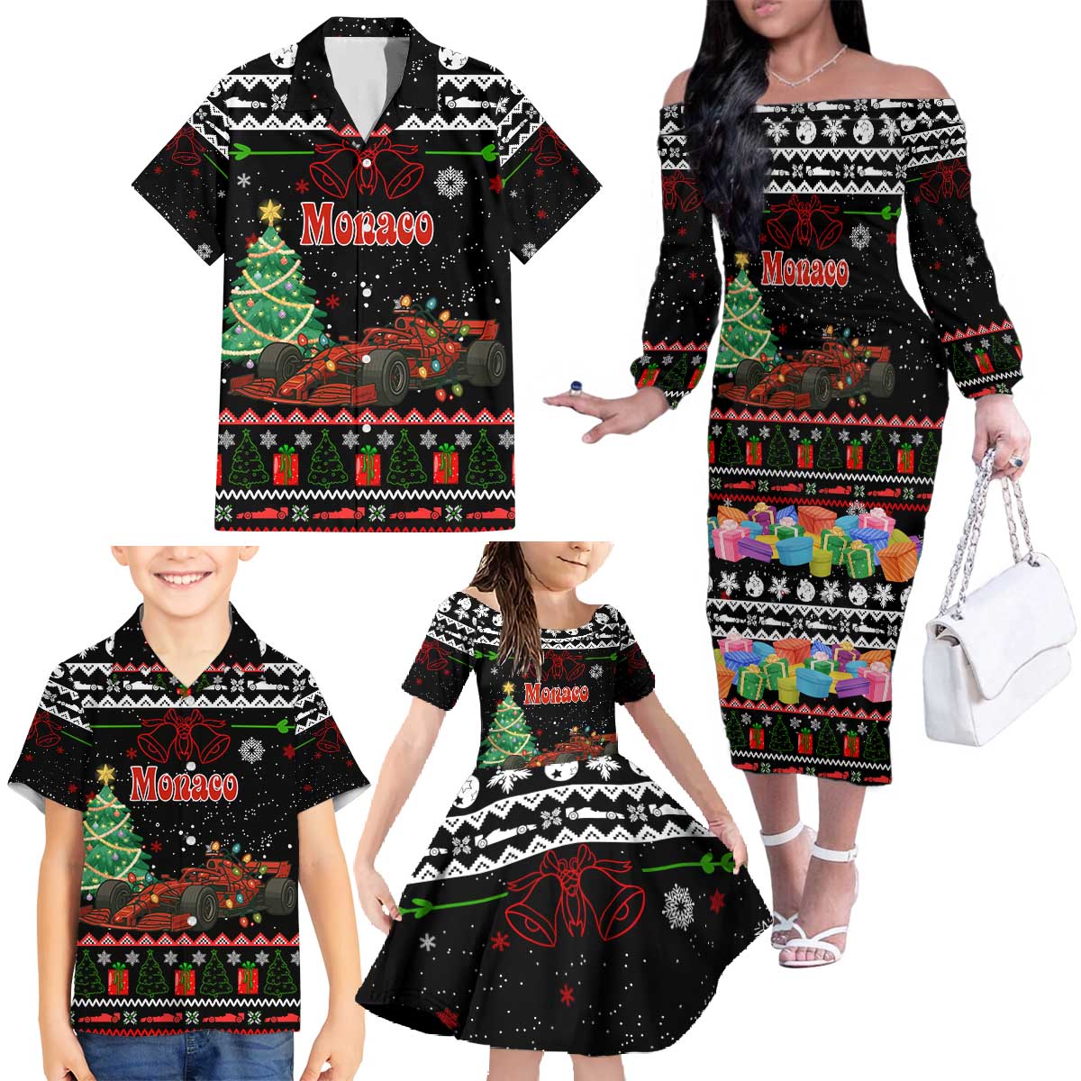 Monaco Christmas Family Matching Off The Shoulder Long Sleeve Dress and Hawaiian Shirt with Race Car Christmas Tree and Snowflake Holiday - Wonder Print Shop