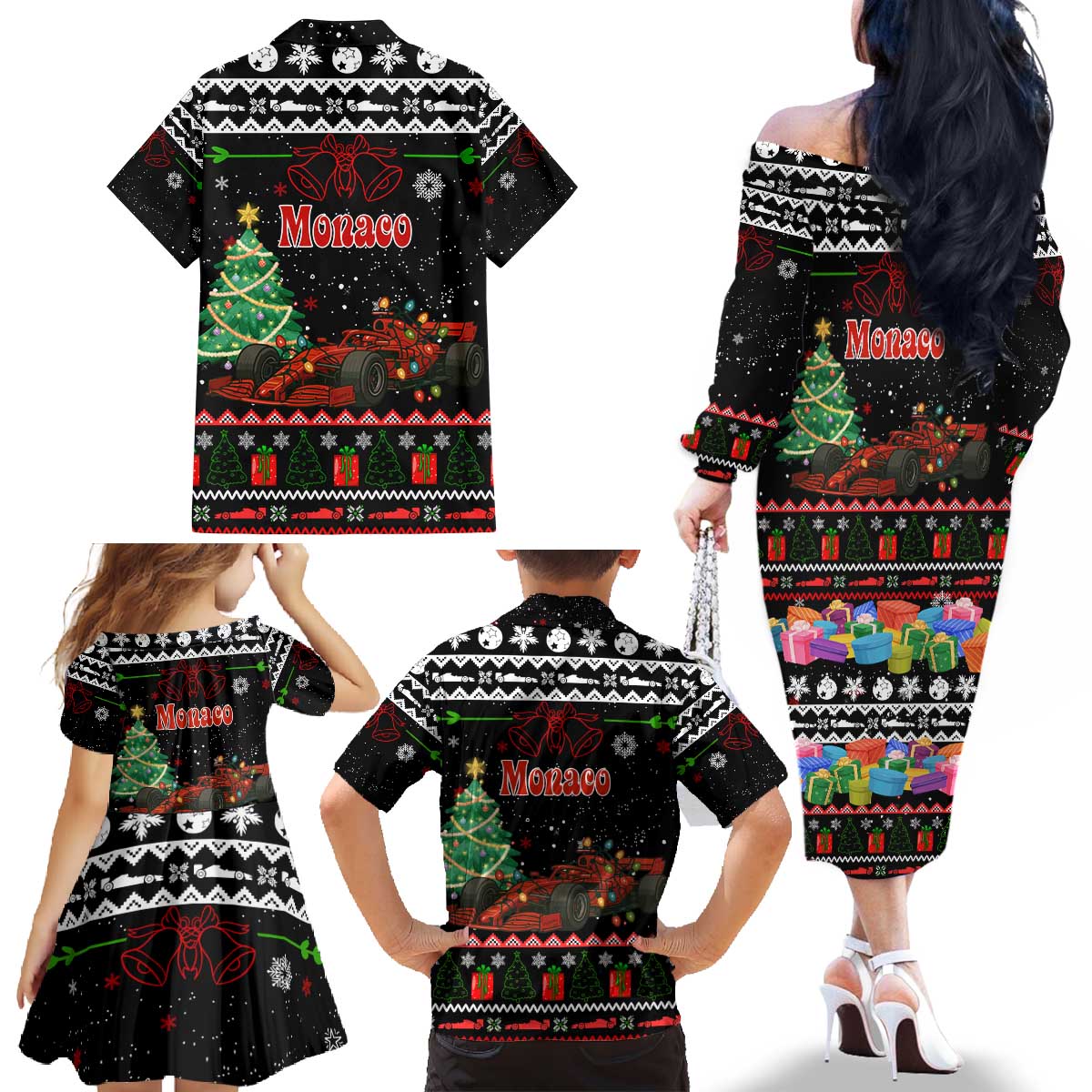 Monaco Christmas Family Matching Off The Shoulder Long Sleeve Dress and Hawaiian Shirt with Race Car Christmas Tree and Snowflake Holiday - Wonder Print Shop