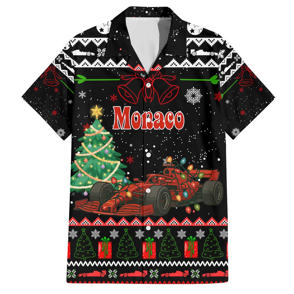 Monaco Christmas Family Matching Off The Shoulder Long Sleeve Dress and Hawaiian Shirt with Race Car Christmas Tree and Snowflake Holiday - Wonder Print Shop
