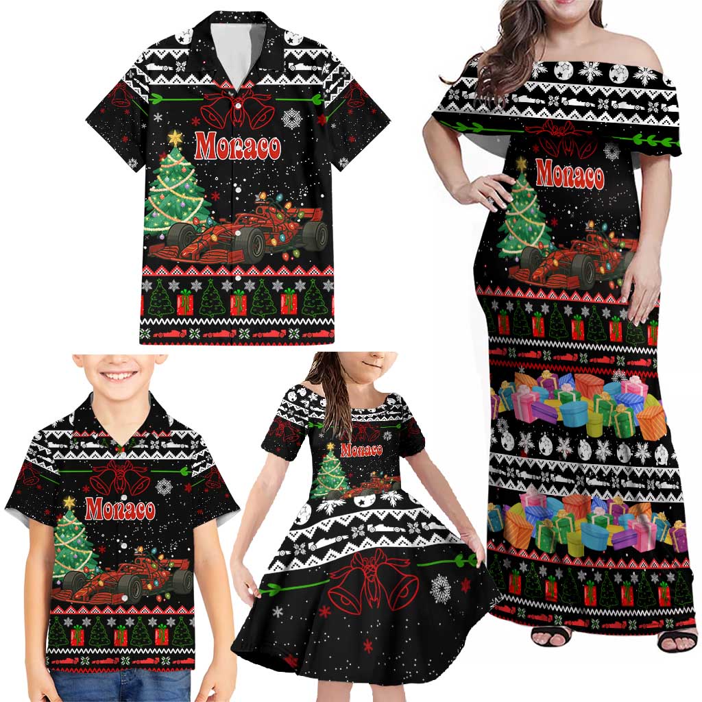 Monaco Christmas Family Matching Off Shoulder Maxi Dress and Hawaiian Shirt with Race Car Christmas Tree and Snowflake Holiday - Wonder Print Shop