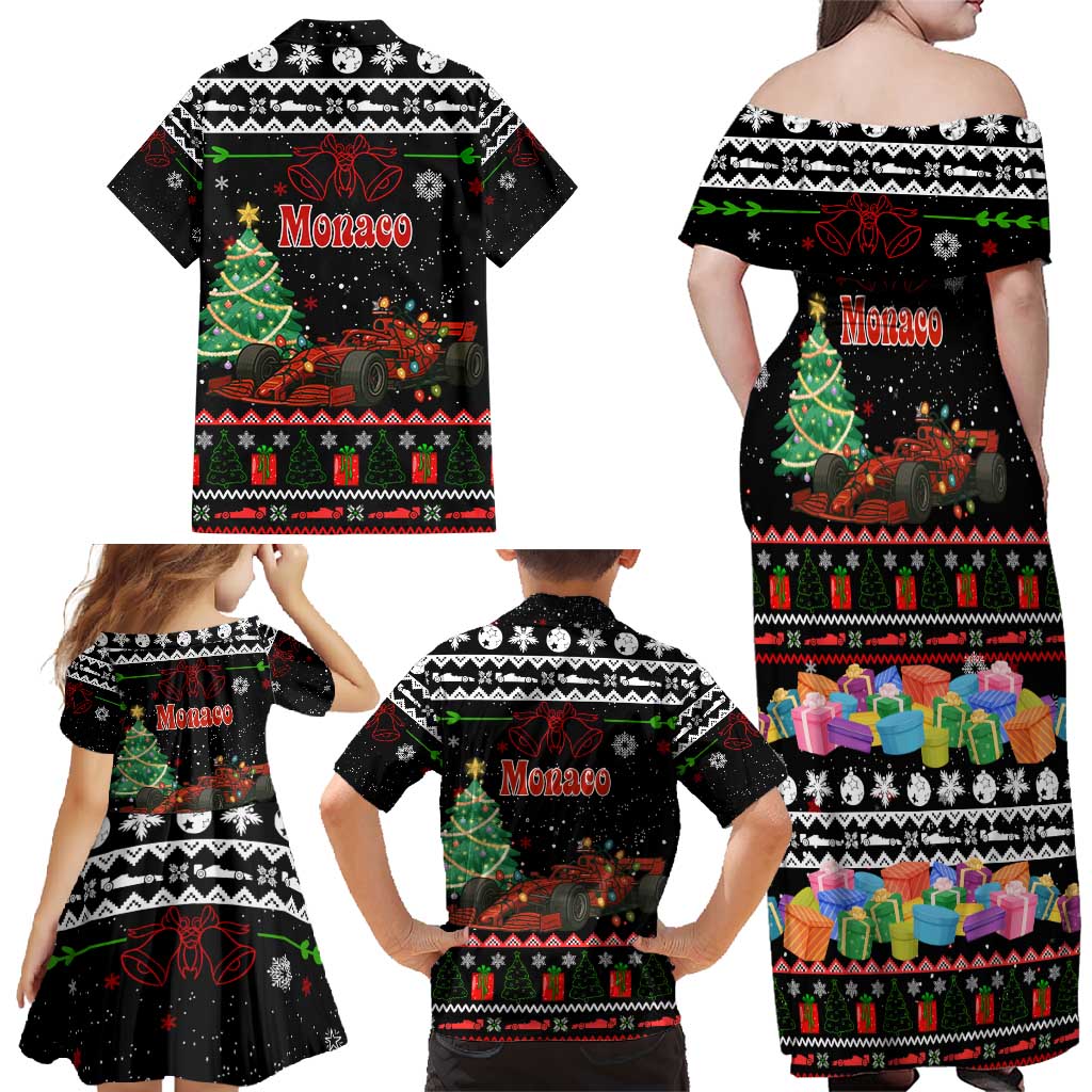 Monaco Christmas Family Matching Off Shoulder Maxi Dress and Hawaiian Shirt with Race Car Christmas Tree and Snowflake Holiday - Wonder Print Shop