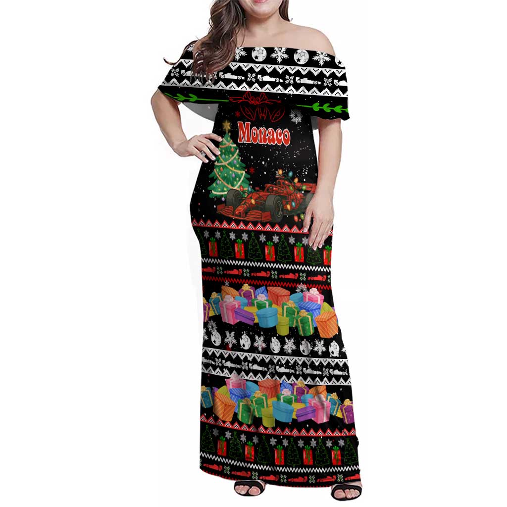 Monaco Christmas Family Matching Off Shoulder Maxi Dress and Hawaiian Shirt with Race Car Christmas Tree and Snowflake Holiday - Wonder Print Shop
