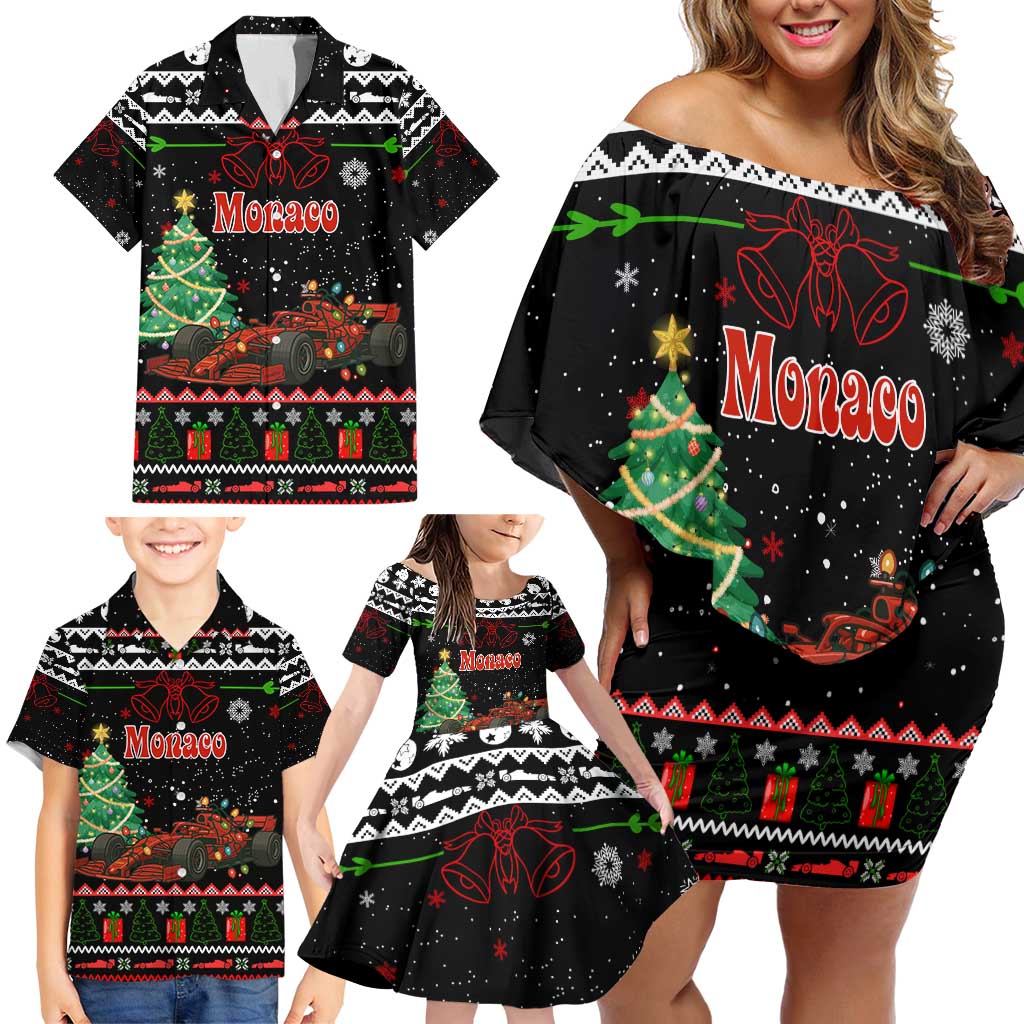 Monaco Christmas Family Matching Off Shoulder Short Dress and Hawaiian Shirt with Race Car Christmas Tree and Snowflake Holiday - Wonder Print Shop