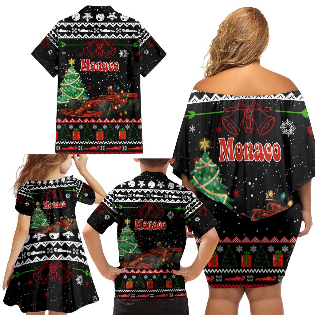 Monaco Christmas Family Matching Off Shoulder Short Dress and Hawaiian Shirt with Race Car Christmas Tree and Snowflake Holiday - Wonder Print Shop