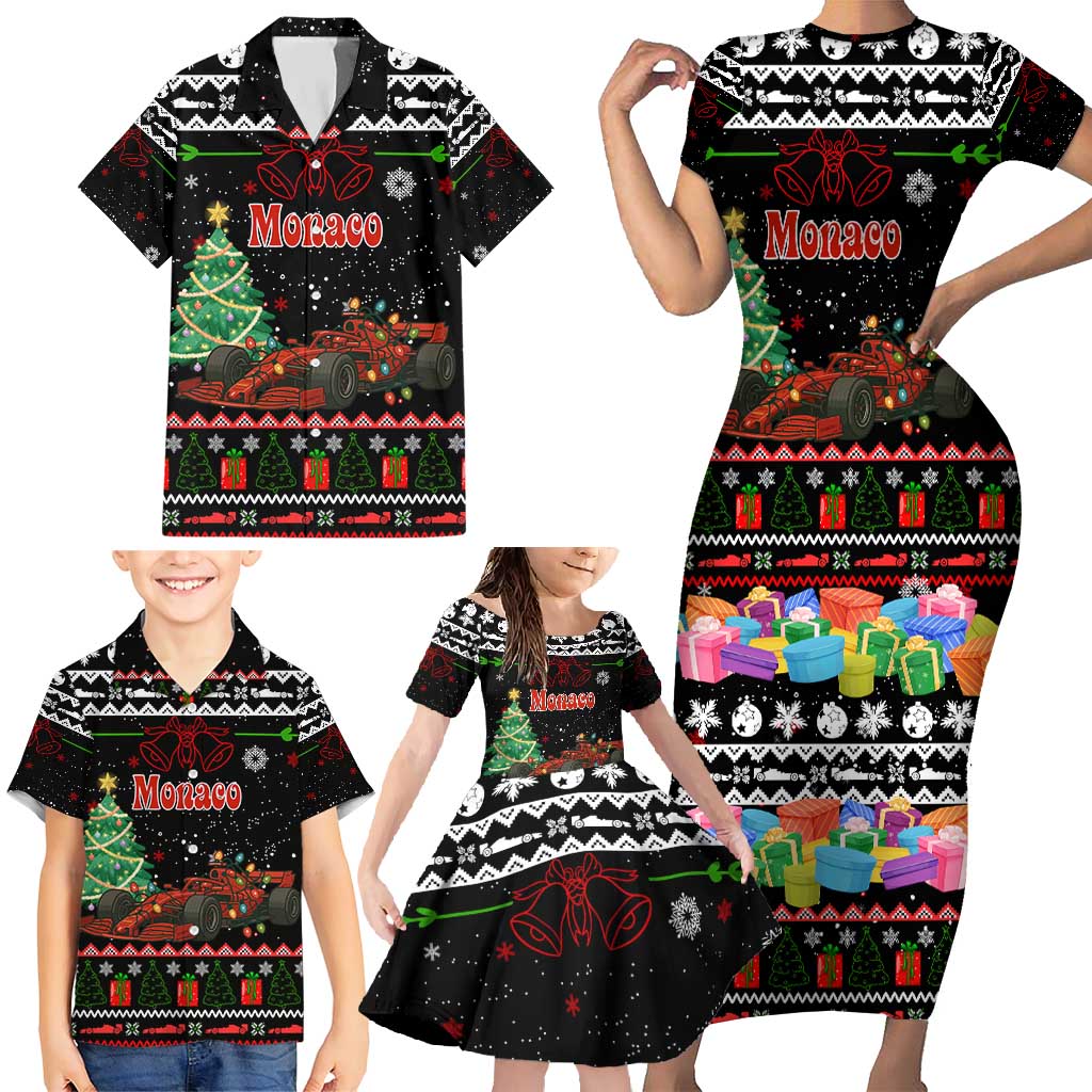Monaco Christmas Family Matching Short Sleeve Bodycon Dress and Hawaiian Shirt with Race Car Christmas Tree and Snowflake Holiday - Wonder Print Shop