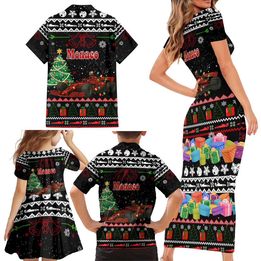 Monaco Christmas Family Matching Short Sleeve Bodycon Dress and Hawaiian Shirt with Race Car Christmas Tree and Snowflake Holiday - Wonder Print Shop