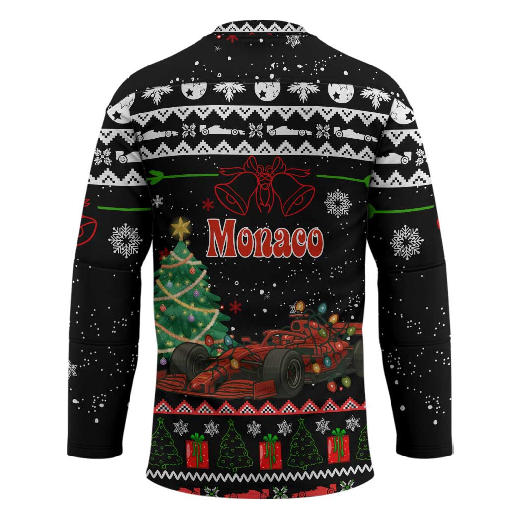 Monaco Christmas Hockey Jersey with Race Car Christmas Tree and Snowflake Holiday - Wonder Print Shop