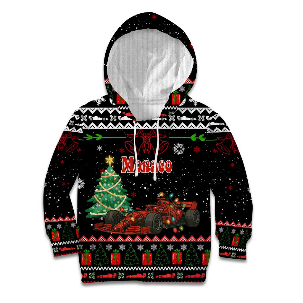 Monaco Christmas Kid Hoodie with Race Car Christmas Tree and Snowflake Holiday - Wonder Print Shop