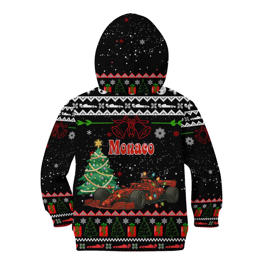 Monaco Christmas Kid Hoodie with Race Car Christmas Tree and Snowflake Holiday - Wonder Print Shop
