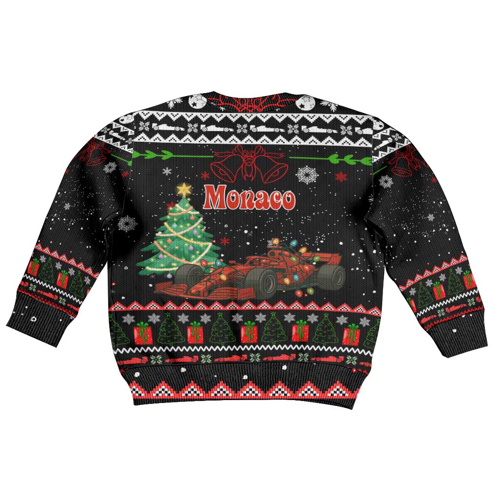 Monaco Christmas Kid Ugly Christmas Sweater with Race Car Christmas Tree and Snowflake Holiday - Wonder Print Shop