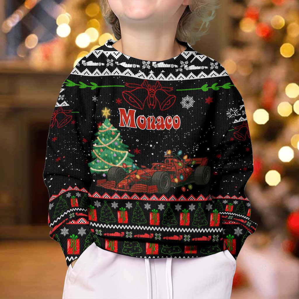 Monaco Christmas Kid Ugly Christmas Sweater with Race Car Christmas Tree and Snowflake Holiday - Wonder Print Shop