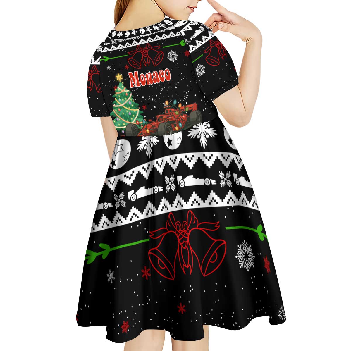 Monaco Christmas Kid Short Sleeve Dress with Race Car Christmas Tree and Snowflake Holiday - Wonder Print Shop
