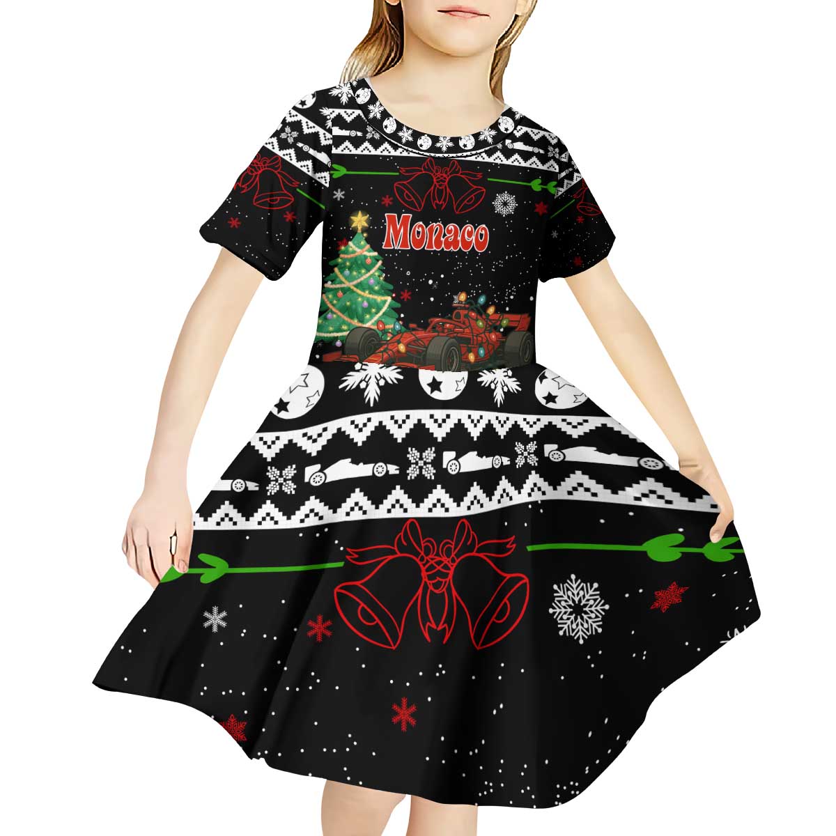 Monaco Christmas Kid Short Sleeve Dress with Race Car Christmas Tree and Snowflake Holiday - Wonder Print Shop