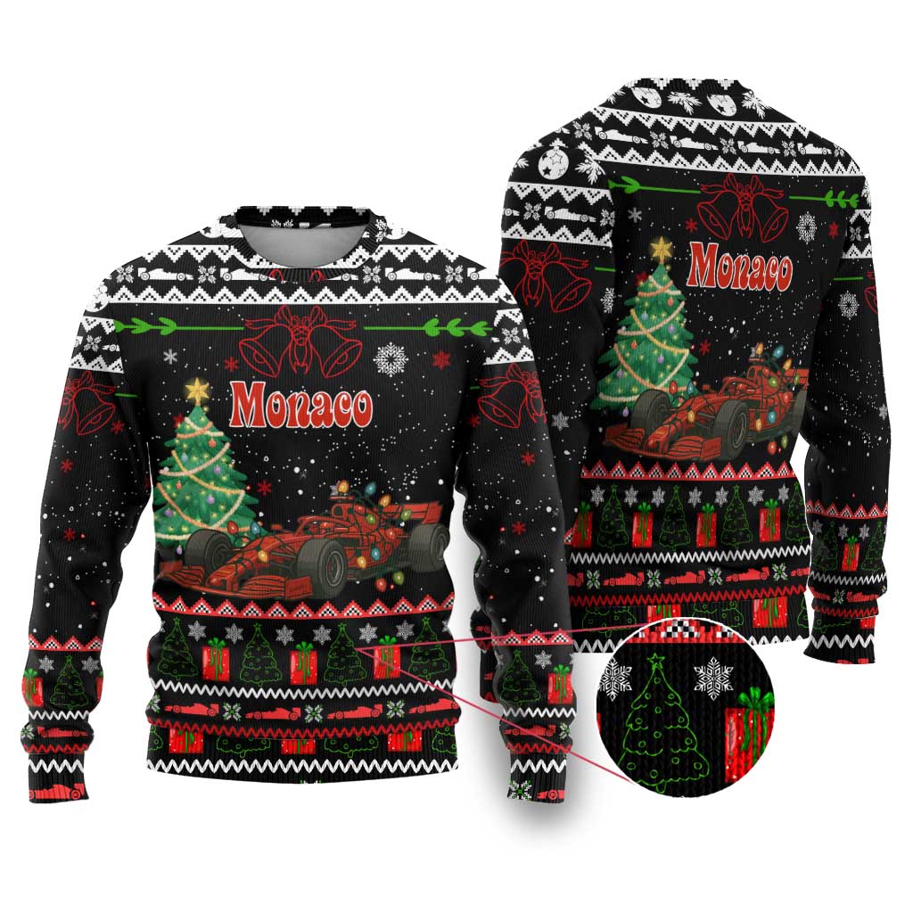 Monaco Christmas Ugly Christmas Sweater with Race Car Christmas Tree and Snowflake Holiday - Wonder Print Shop