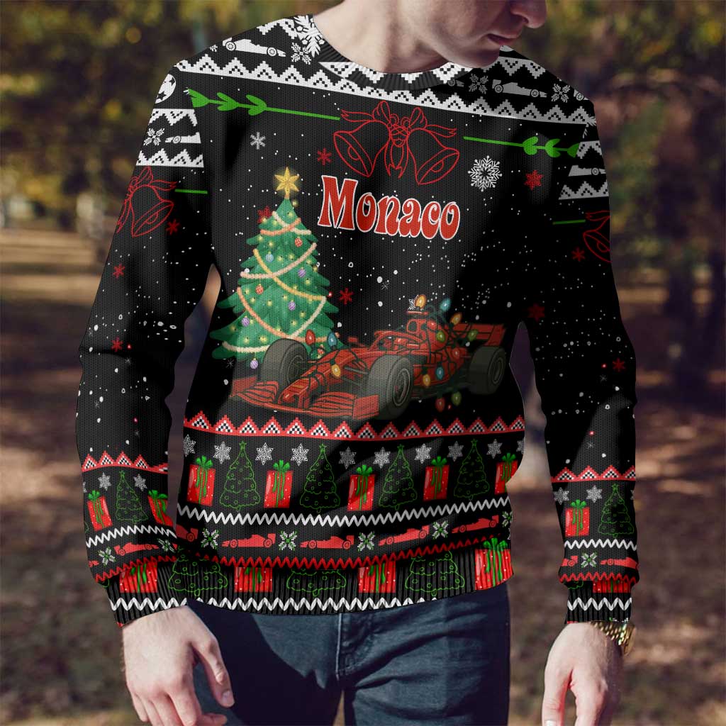 Monaco Christmas Ugly Christmas Sweater with Race Car Christmas Tree and Snowflake Holiday - Wonder Print Shop
