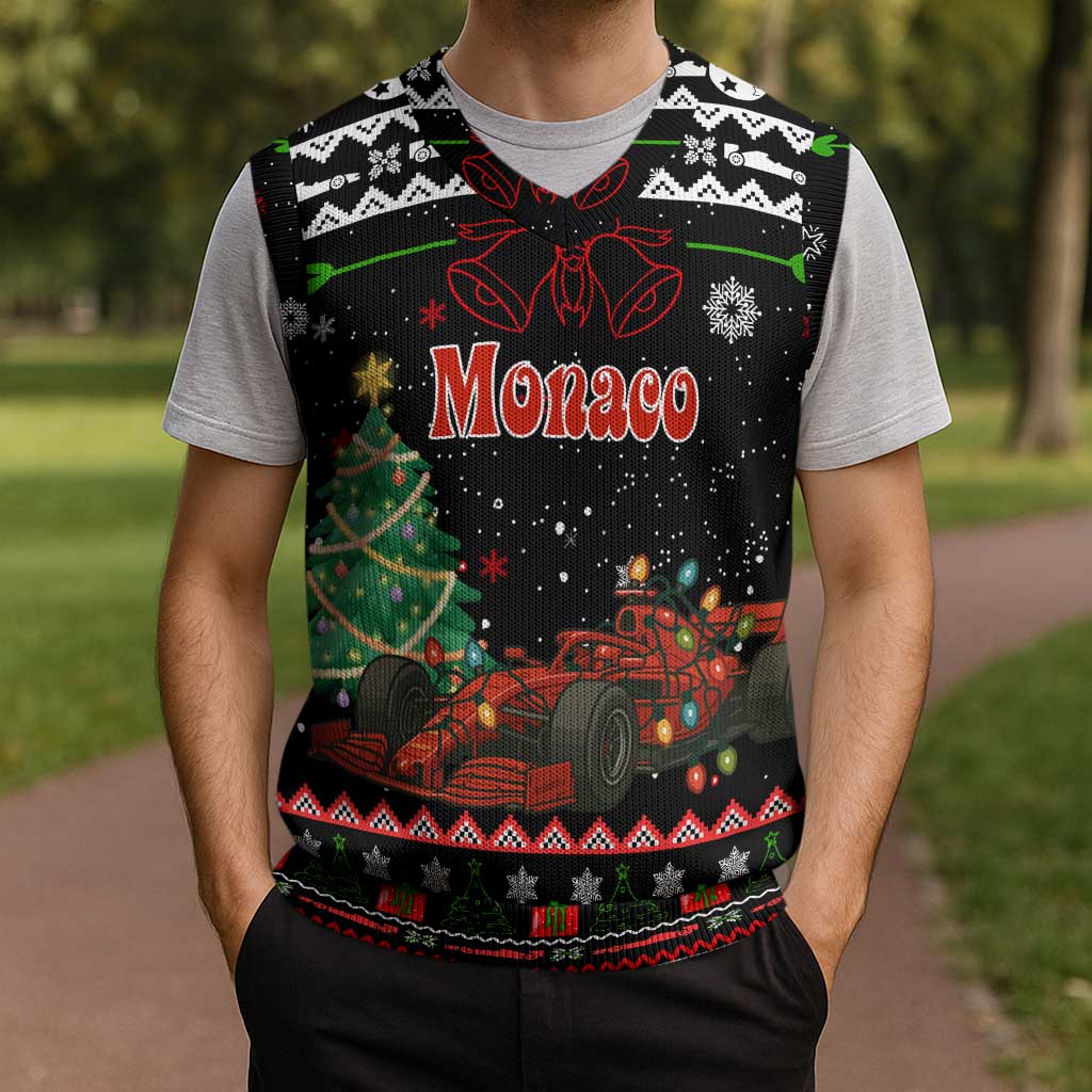 Monaco Christmas Knitted V-Neck Vest with Race Car Christmas Tree and Snowflake Holiday - Wonder Print Shop