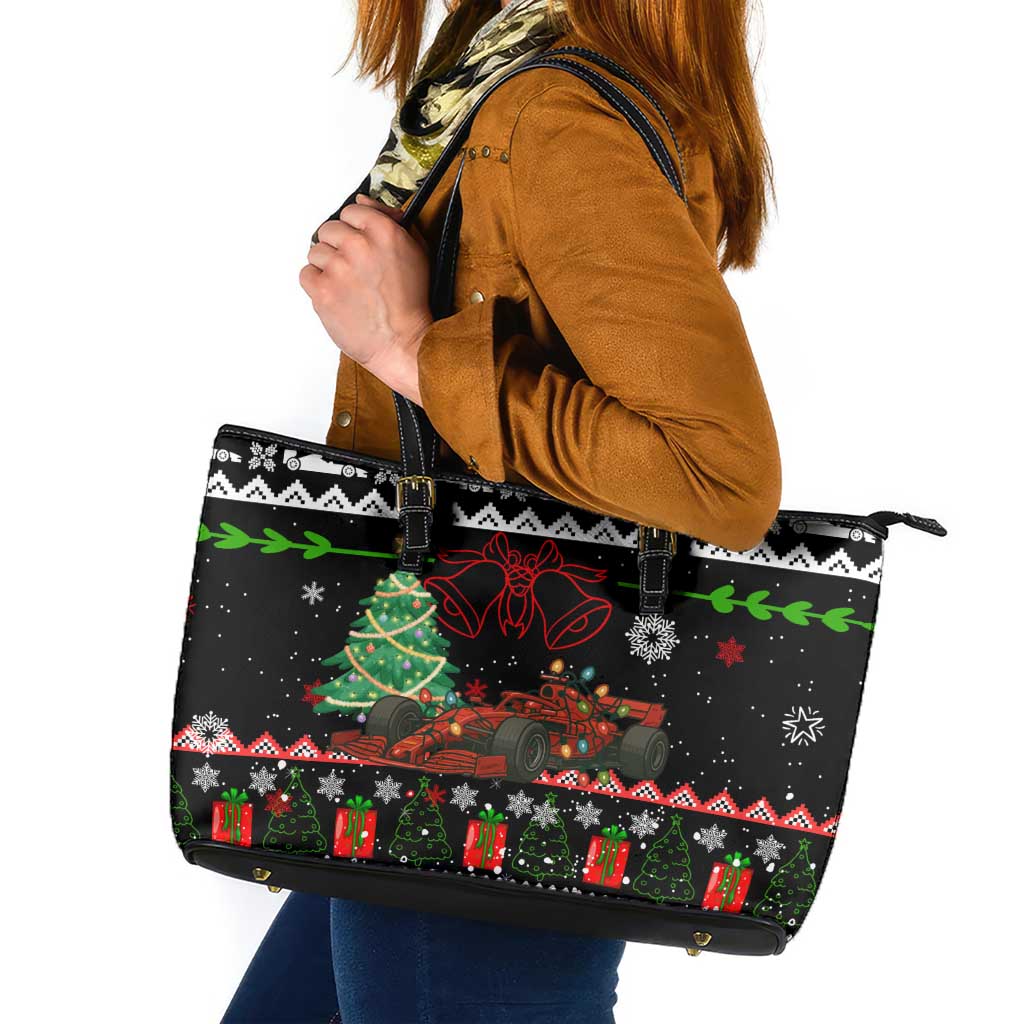 Monaco Christmas Leather Tote Bag with Race Car Christmas Tree and Snowflake Holiday - Wonder Print Shop