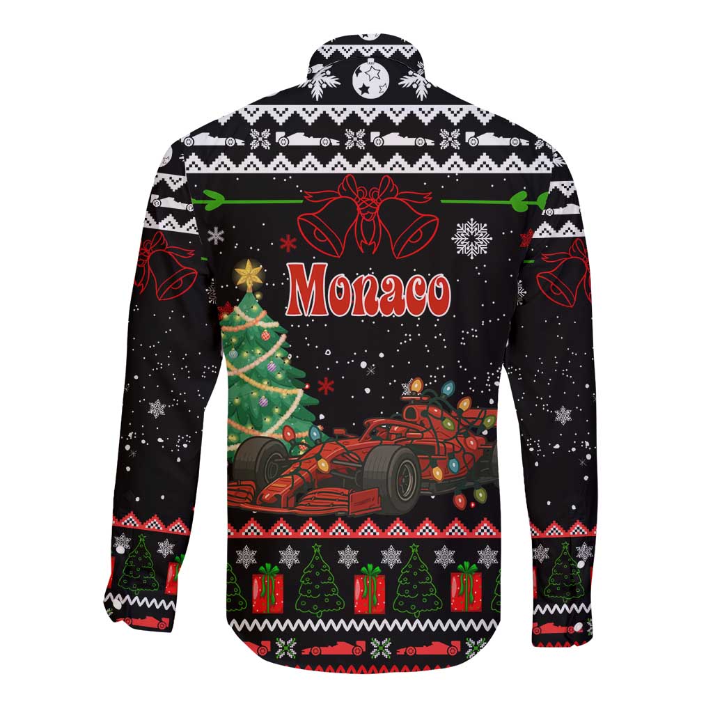 Monaco Christmas Long Sleeve Button Shirt with Race Car Christmas Tree and Snowflake Holiday - Wonder Print Shop