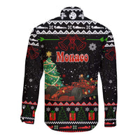 Monaco Christmas Long Sleeve Button Shirt with Race Car Christmas Tree and Snowflake Holiday - Wonder Print Shop