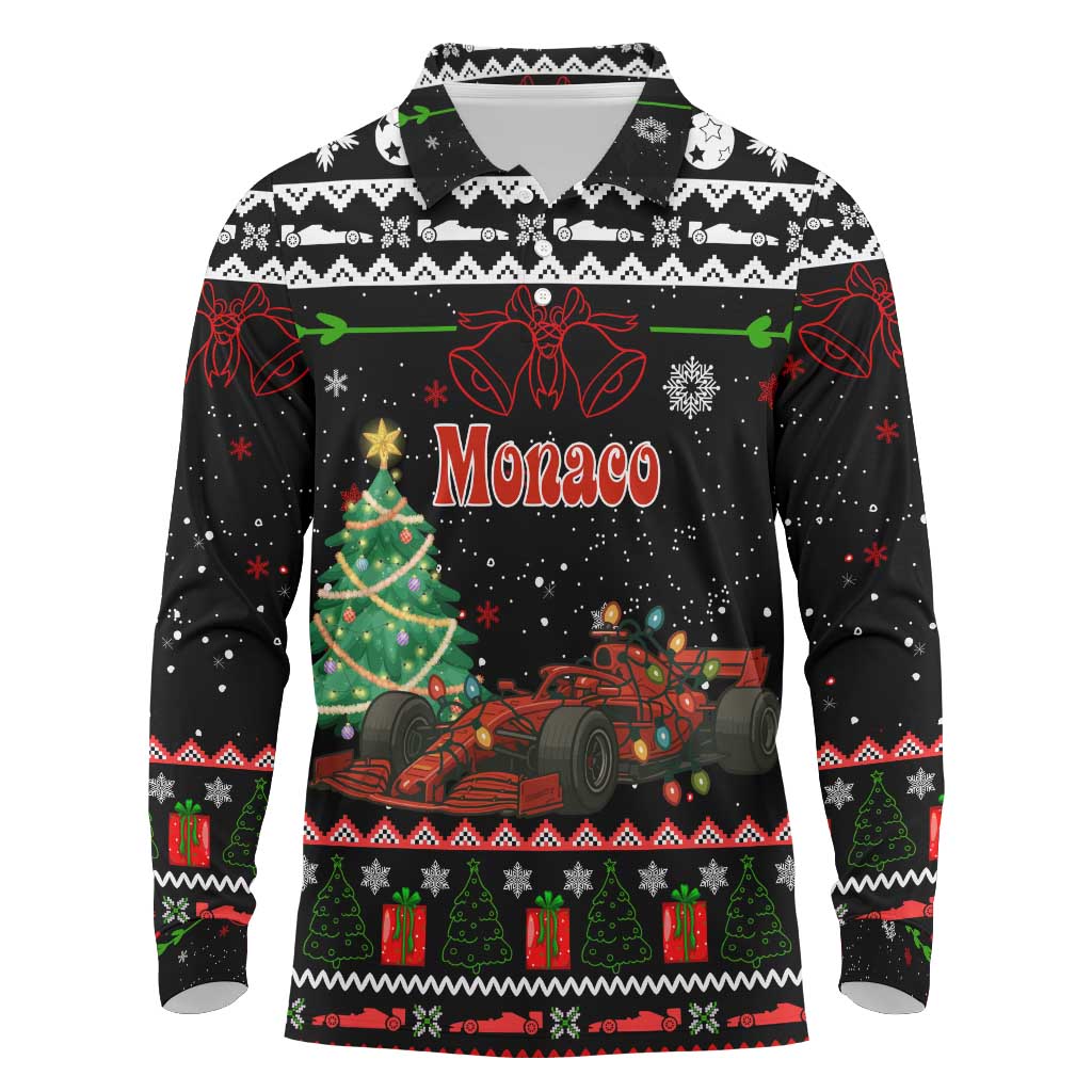 Monaco Christmas Long Sleeve Polo Shirt with Race Car Christmas Tree and Snowflake Holiday - Wonder Print Shop