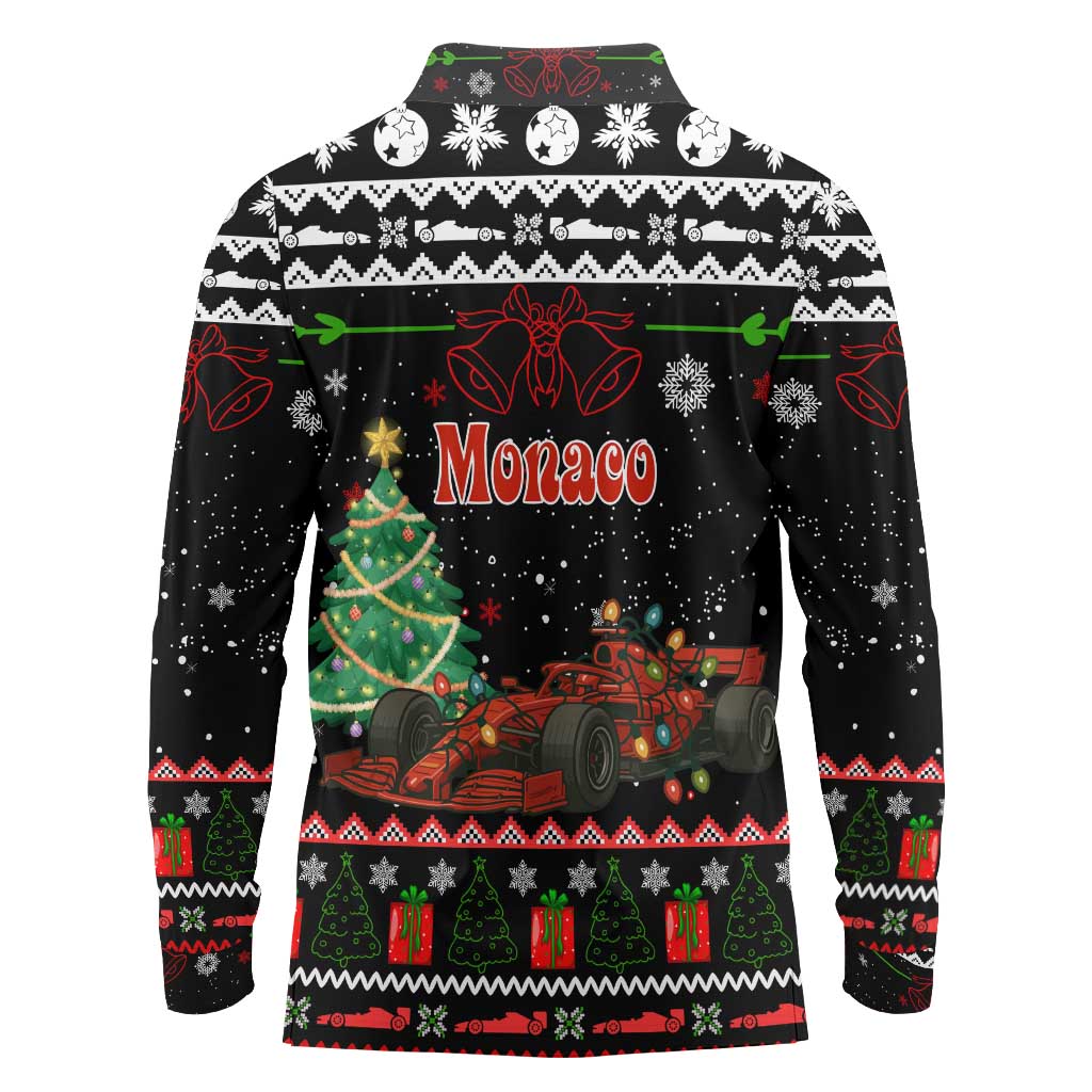 Monaco Christmas Long Sleeve Polo Shirt with Race Car Christmas Tree and Snowflake Holiday - Wonder Print Shop