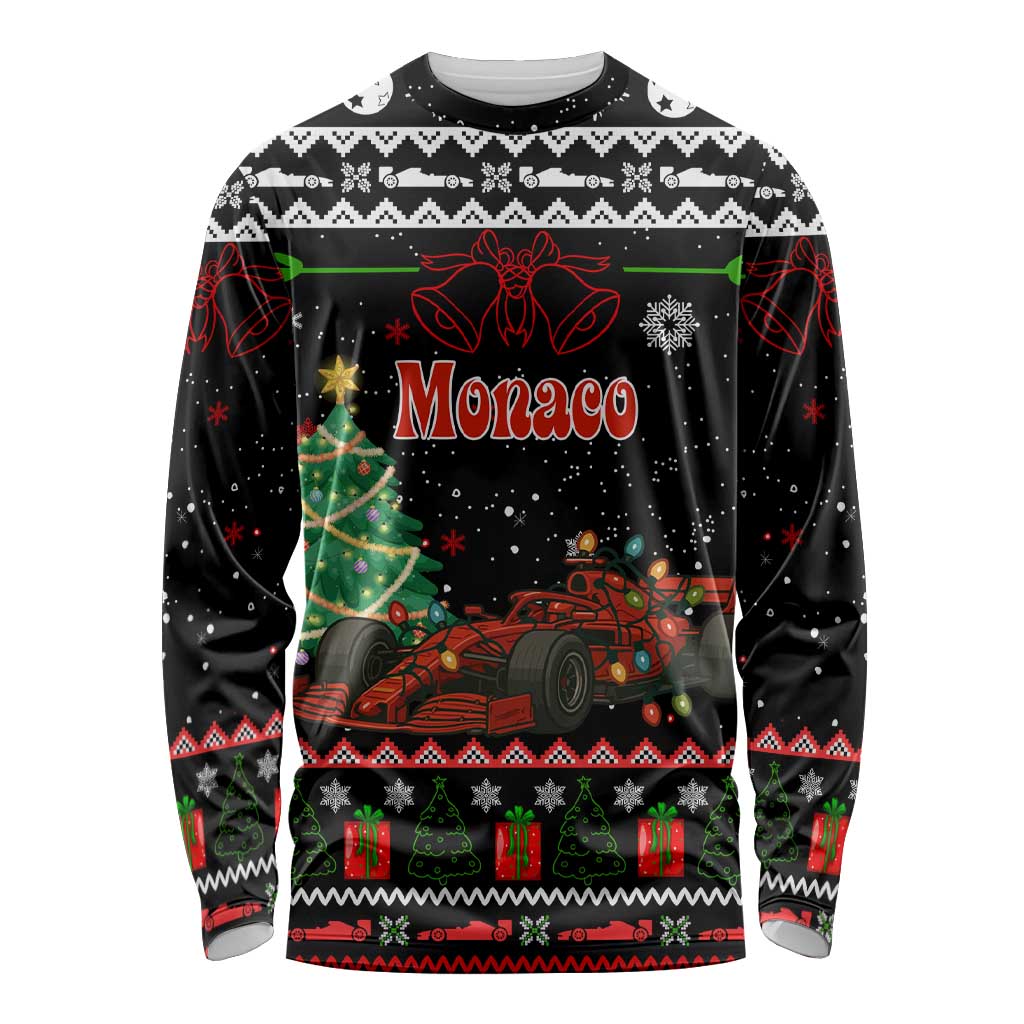 Monaco Christmas Long Sleeve Shirt with Race Car Christmas Tree and Snowflake Holiday - Wonder Print Shop