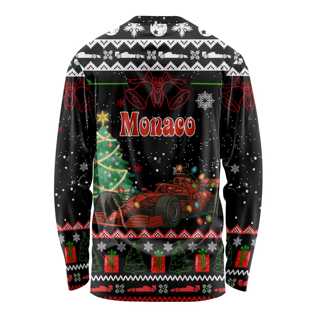 Monaco Christmas Long Sleeve Shirt with Race Car Christmas Tree and Snowflake Holiday - Wonder Print Shop