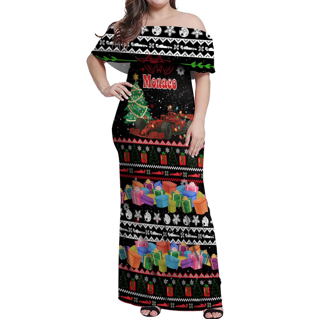 Monaco Christmas Off Shoulder Maxi Dress with Race Car Christmas Tree and Snowflake Holiday - Wonder Print Shop
