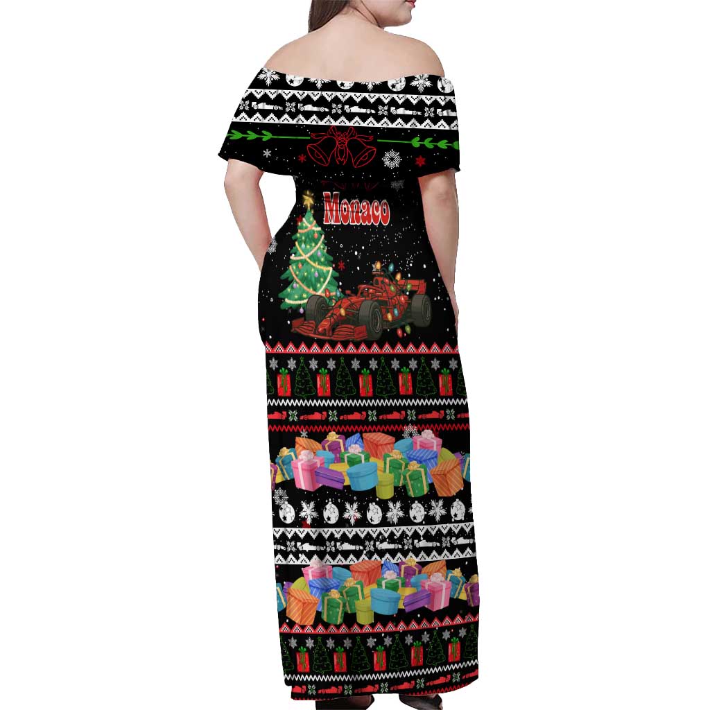 Monaco Christmas Off Shoulder Maxi Dress with Race Car Christmas Tree and Snowflake Holiday - Wonder Print Shop