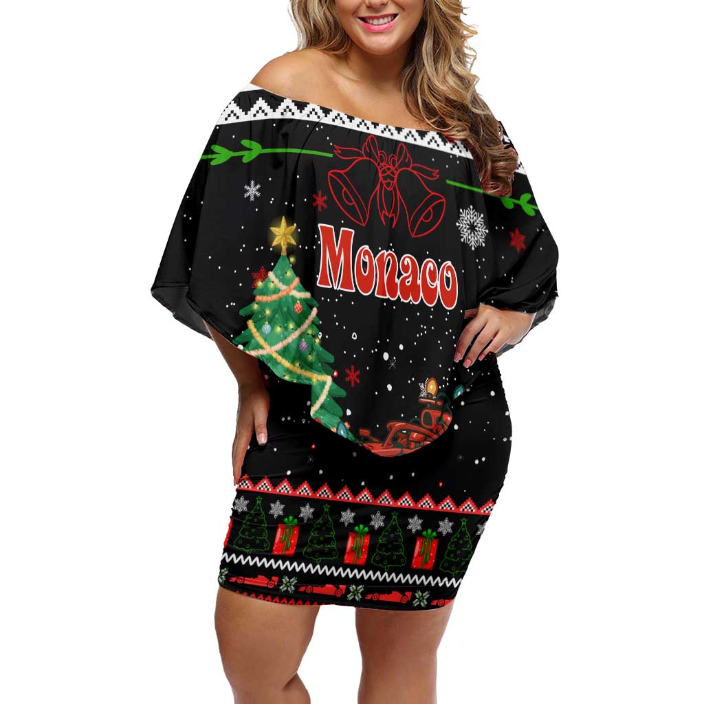 Monaco Christmas Off Shoulder Short Dress with Race Car Christmas Tree and Snowflake Holiday - Wonder Print Shop