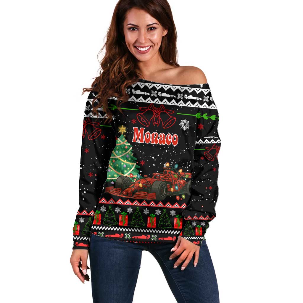 Monaco Christmas Off Shoulder Sweater with Race Car Christmas Tree and Snowflake Holiday - Wonder Print Shop