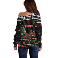 Monaco Christmas Off Shoulder Sweater with Race Car Christmas Tree and Snowflake Holiday - Wonder Print Shop