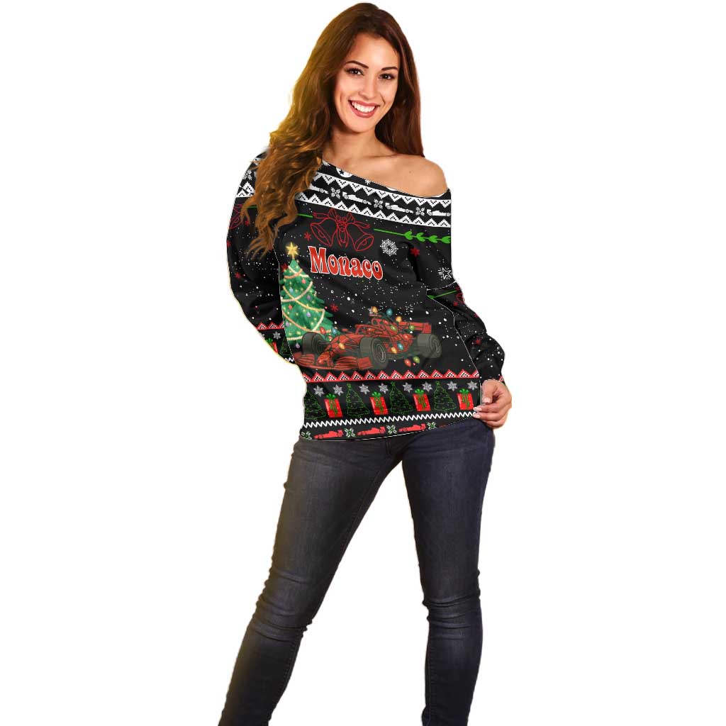 Monaco Christmas Off Shoulder Sweater with Race Car Christmas Tree and Snowflake Holiday - Wonder Print Shop