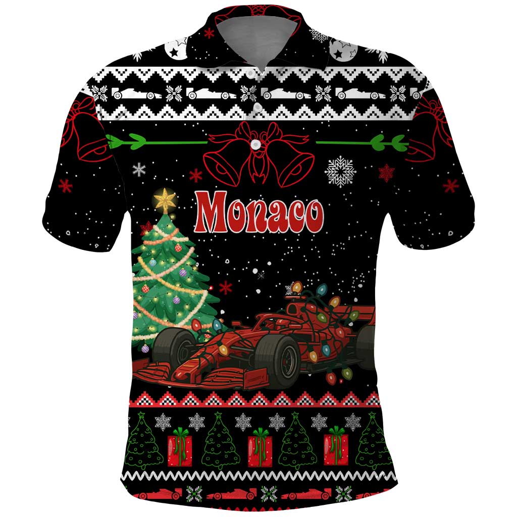 Monaco Christmas Polo Shirt with Race Car Christmas Tree and Snowflake Holiday - Wonder Print Shop