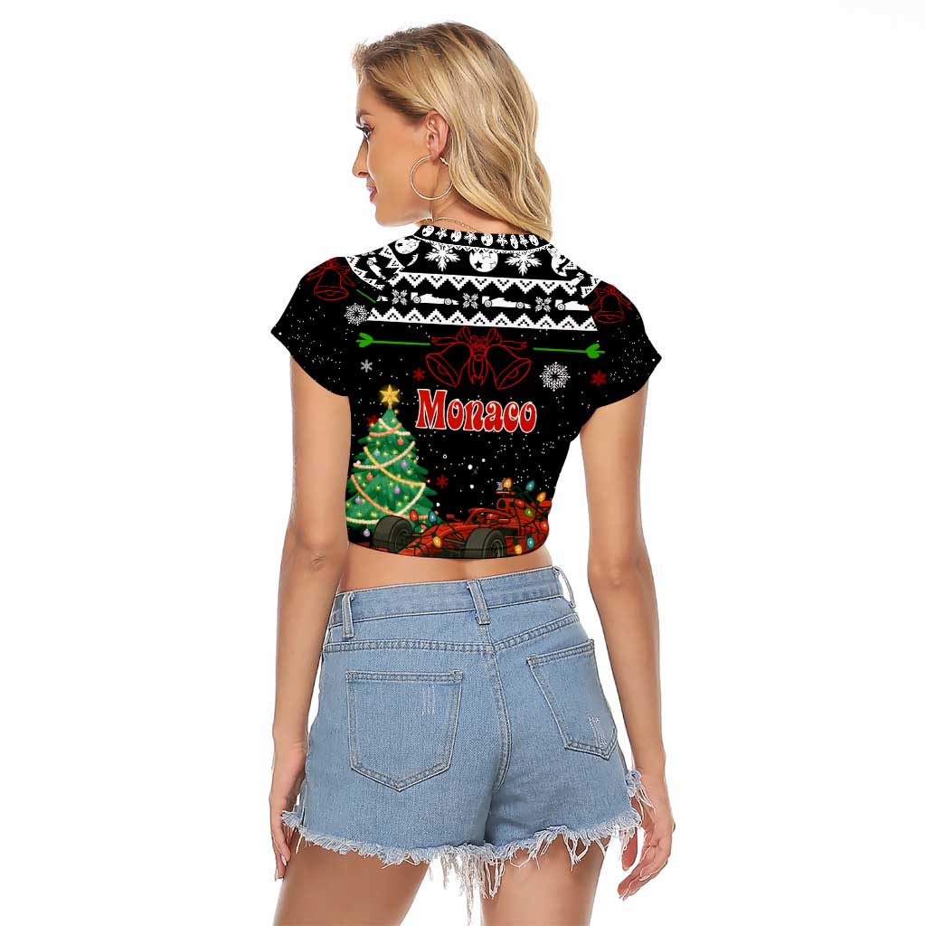 Monaco Christmas Raglan Cropped T Shirt with Race Car Christmas Tree and Snowflake Holiday - Wonder Print Shop
