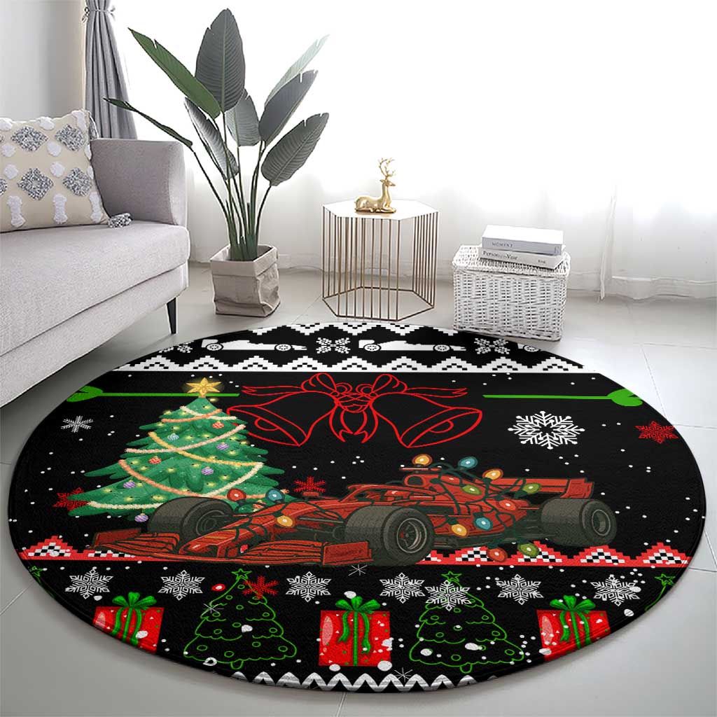 Monaco Christmas Round Carpet with Race Car Christmas Tree and Snowflake Holiday - Wonder Print Shop