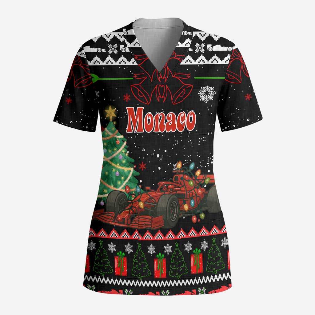 Monaco Christmas Scrub Top with Race Car Christmas Tree and Snowflake Holiday - Wonder Print Shop