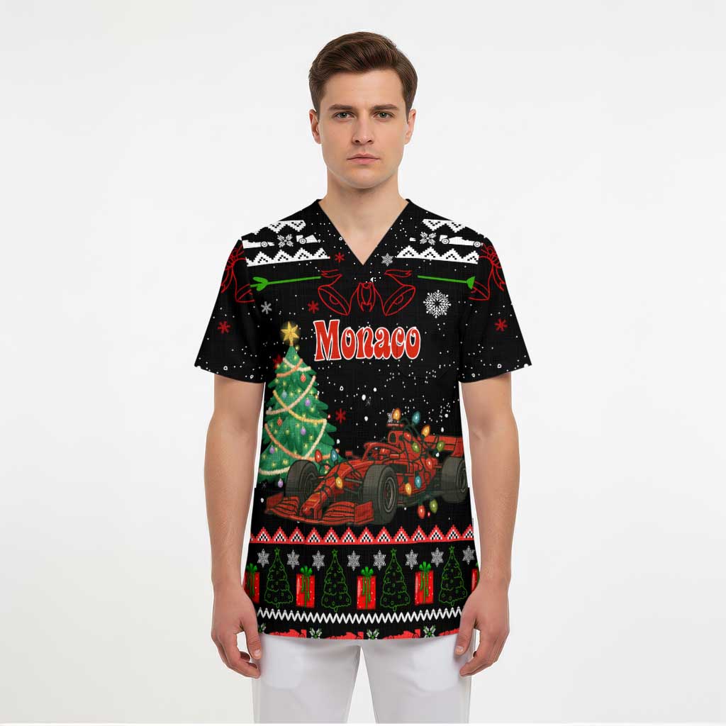 Monaco Christmas Scrub Top with Race Car Christmas Tree and Snowflake Holiday - Wonder Print Shop