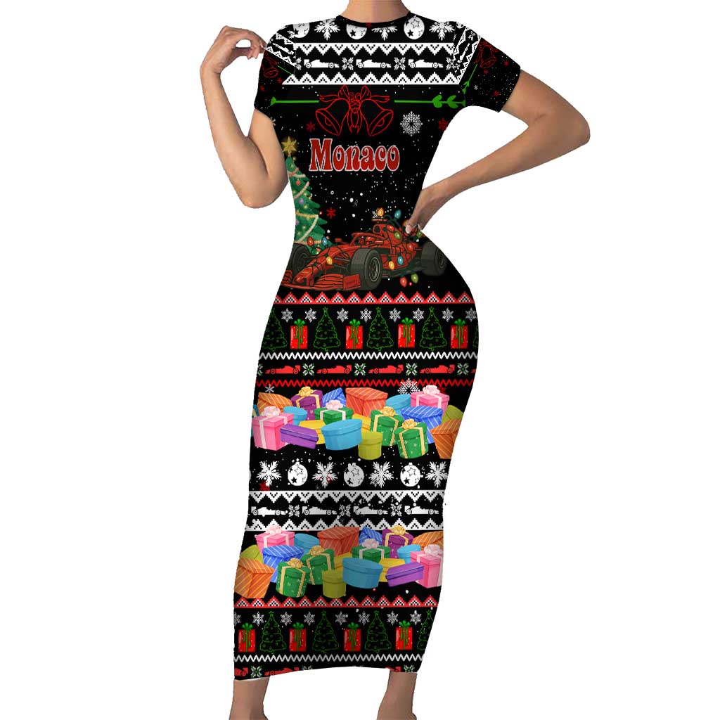 Monaco Christmas Short Sleeve Bodycon Dress with Race Car Christmas Tree and Snowflake Holiday - Wonder Print Shop