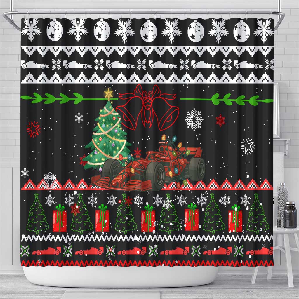 Monaco Christmas Shower Curtain with Race Car Christmas Tree and Snowflake Holiday - Wonder Print Shop