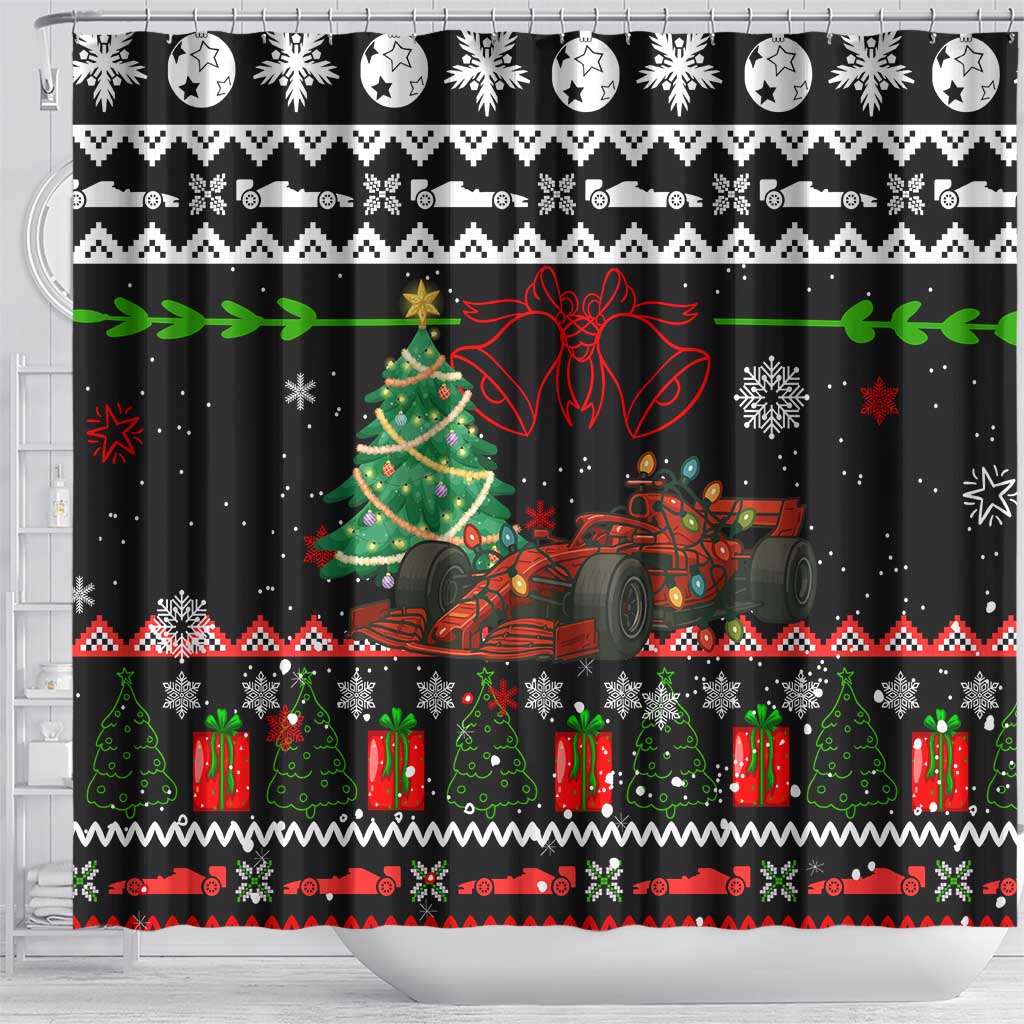 Monaco Christmas Shower Curtain with Race Car Christmas Tree and Snowflake Holiday - Wonder Print Shop