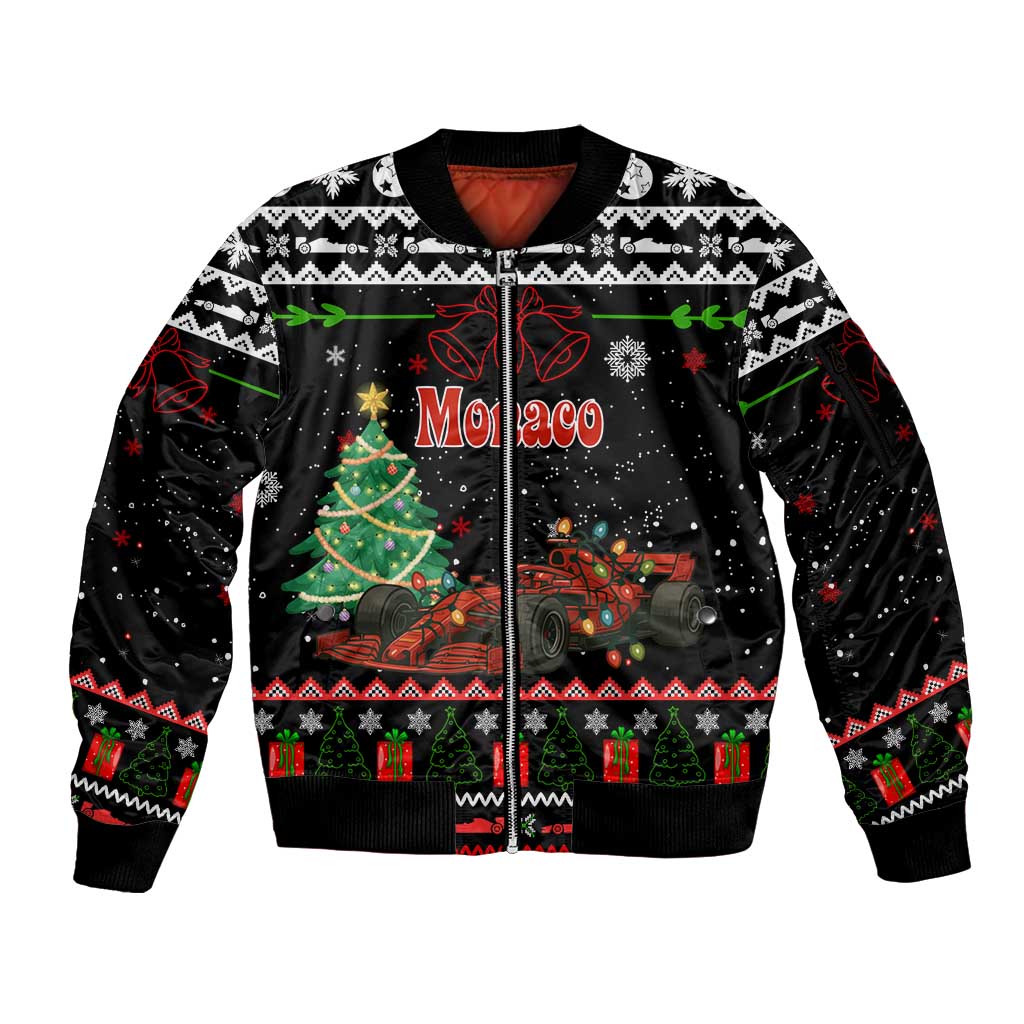Monaco Christmas Sleeve Zip Bomber Jacket with Race Car Christmas Tree and Snowflake Holiday - Wonder Print Shop