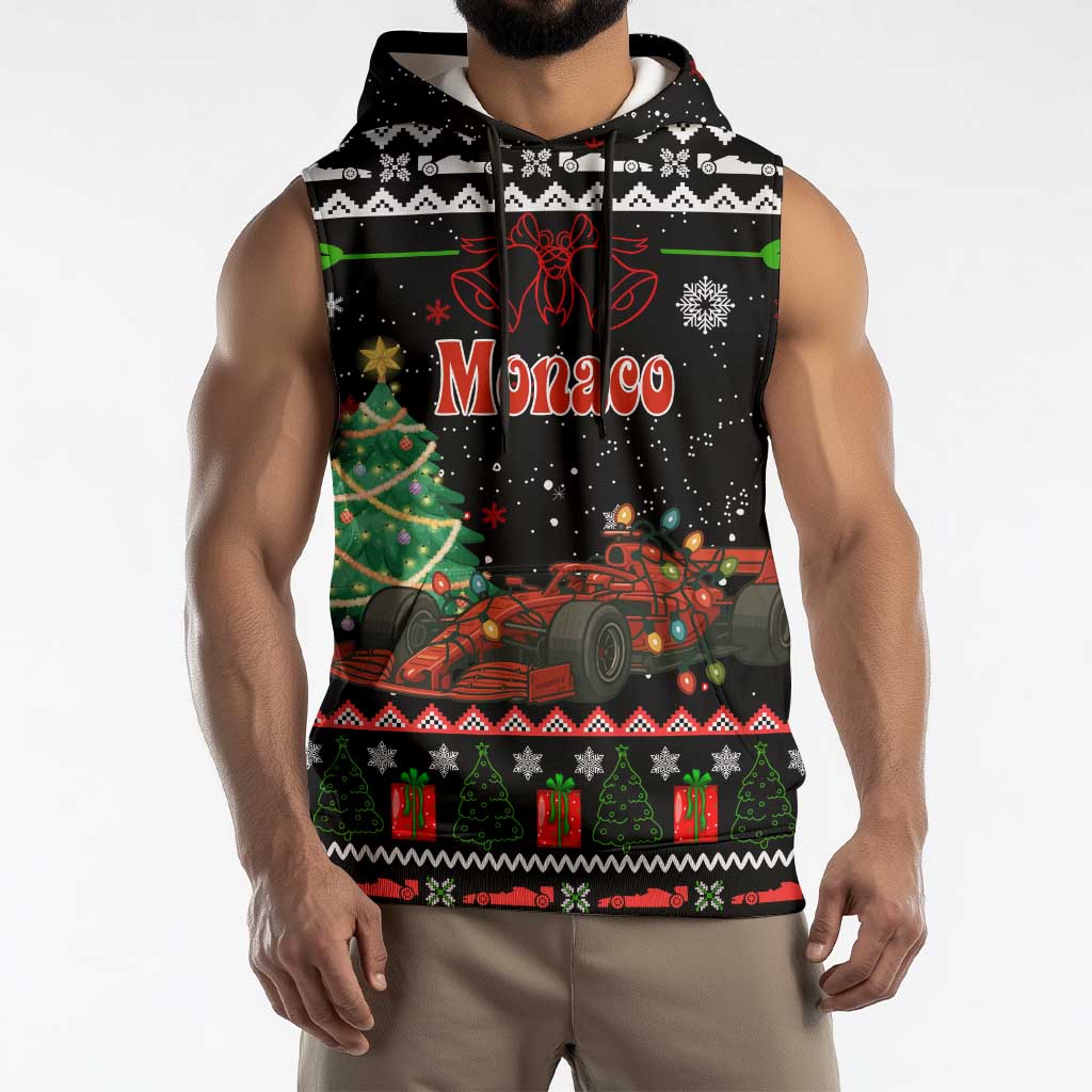 Monaco Christmas Sleeveless Hoodie with Race Car Christmas Tree and Snowflake Holiday - Wonder Print Shop