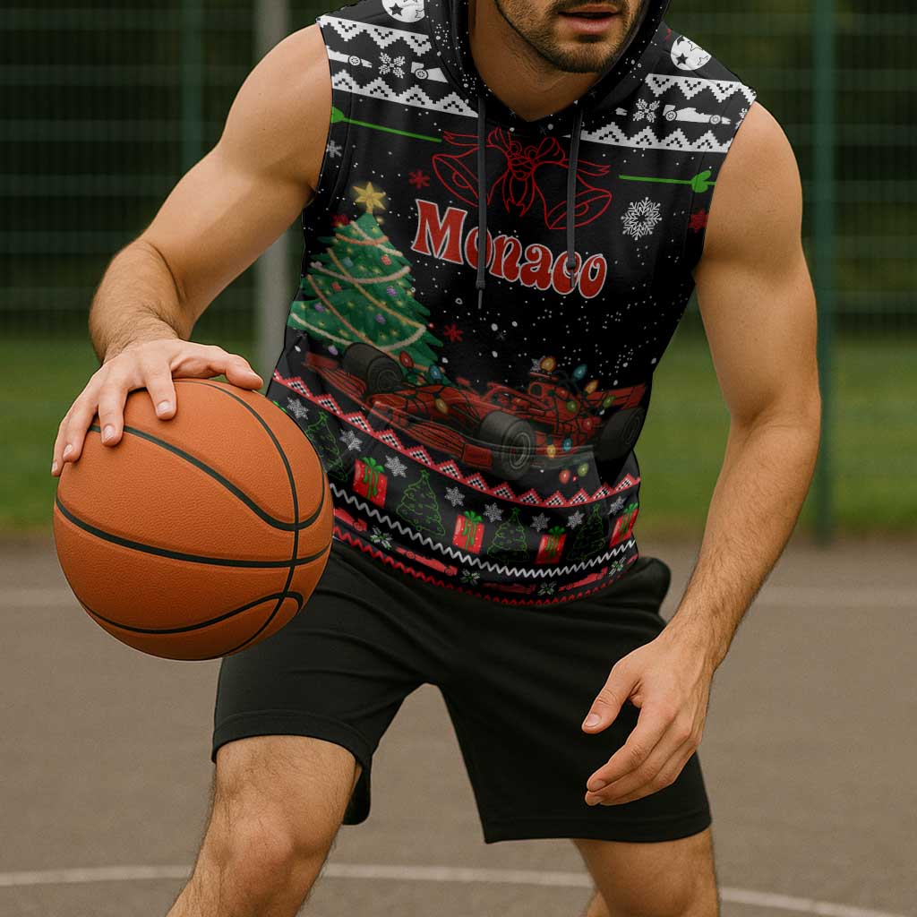 Monaco Christmas Sleeveless Hoodie with Race Car Christmas Tree and Snowflake Holiday - Wonder Print Shop