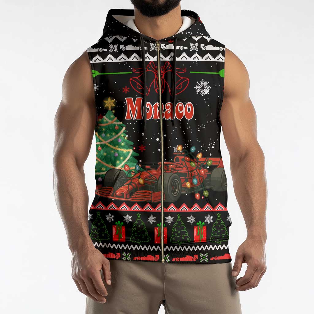Monaco Christmas Sleeveless Zip Hoodie with Race Car Christmas Tree and Snowflake Holiday - Wonder Print Shop
