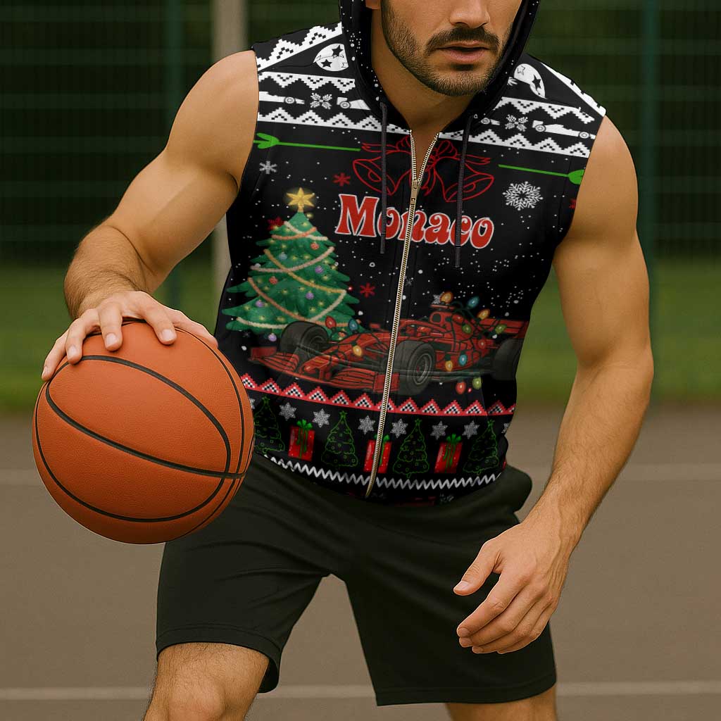 Monaco Christmas Sleeveless Zip Hoodie with Race Car Christmas Tree and Snowflake Holiday - Wonder Print Shop