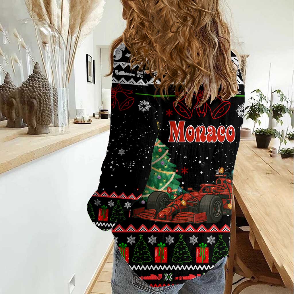 Monaco Christmas Women Casual Shirt with Race Car Christmas Tree and Snowflake Holiday - Wonder Print Shop