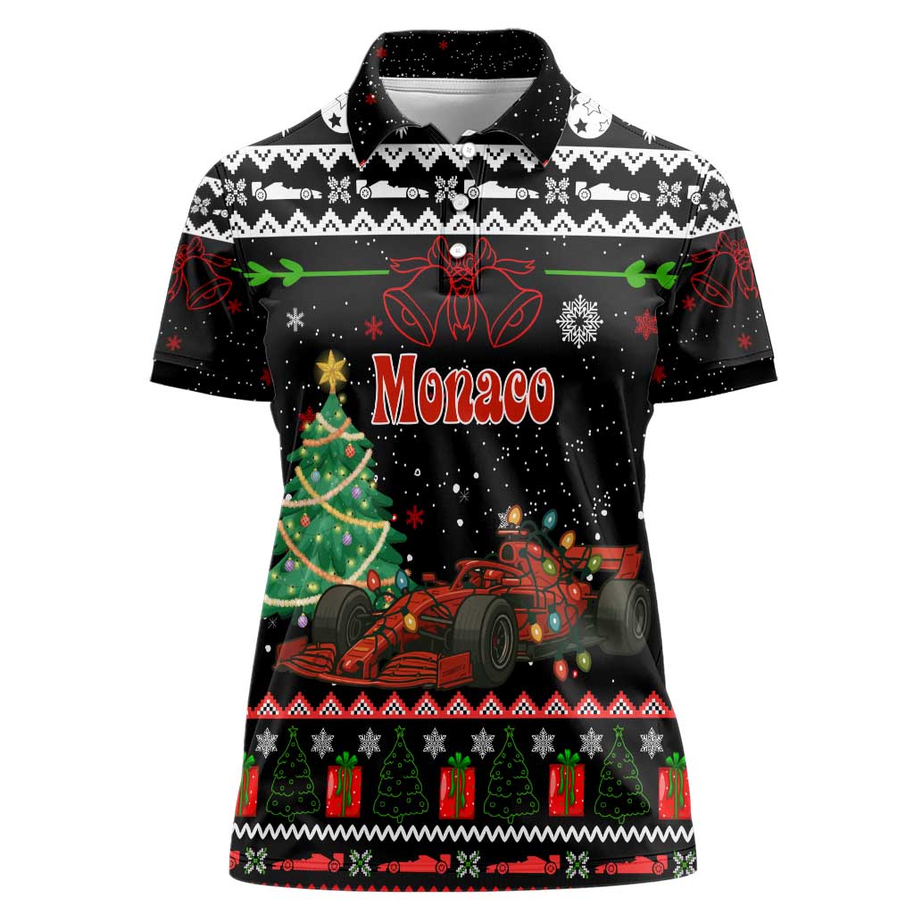 Monaco Christmas Women Polo Shirt with Race Car Christmas Tree and Snowflake Holiday - Wonder Print Shop