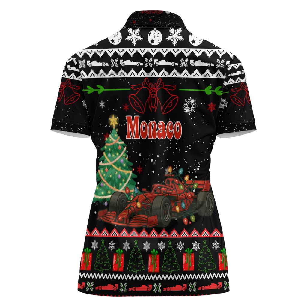 Monaco Christmas Women Polo Shirt with Race Car Christmas Tree and Snowflake Holiday - Wonder Print Shop